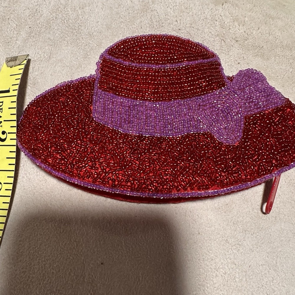 Red Hat Society Vintage Purple Trim Seed Beaded‎ Keychain Coin Purse Wallet - Picture 3 of 6